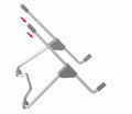 Grey aluminium alloy mobile phone and laptop stand with adjustable height and angle mechanism.