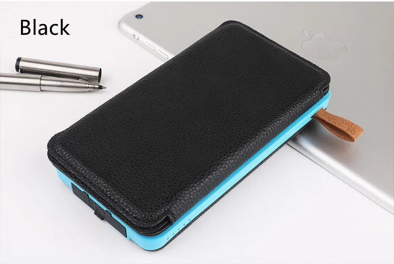 Outdoor solar phone charger in multiple colours showing solar panel, LED light, and leather finish.