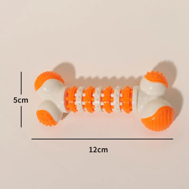 Small blue bone-shaped dog toy with textured chewable ends and central treat compartment