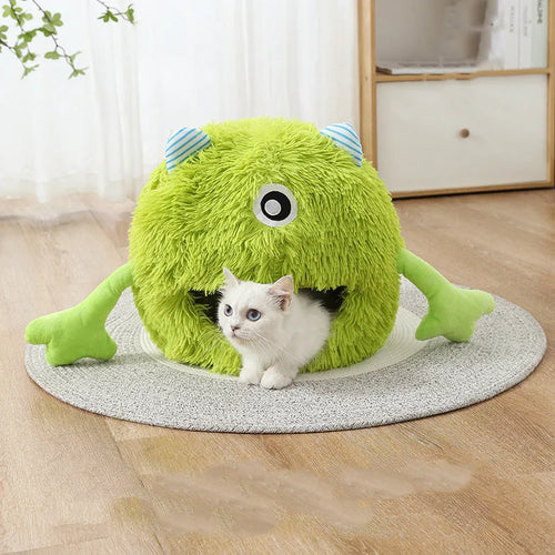 Fluffy round plush cat bed with a non-slip base, shown in three sizes.