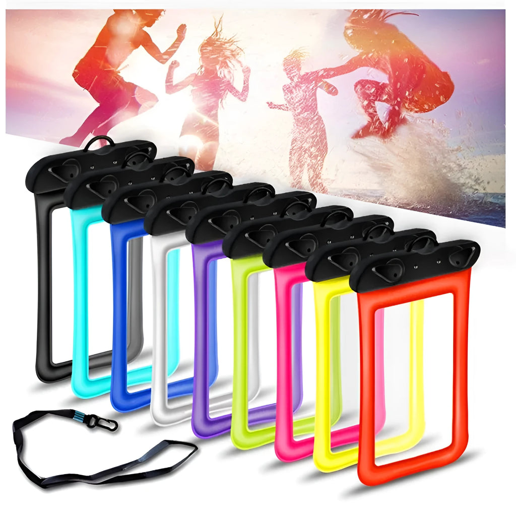 Orange waterproof phone pouch with double airbag design and a black lanyard.