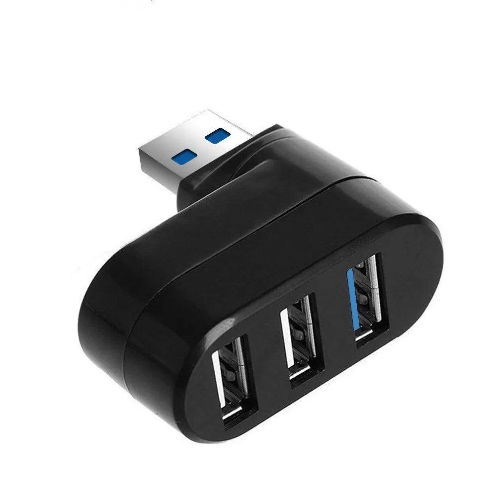 Black and white USB rotary splitter hub with four ports on a rotating ABS plastic base.