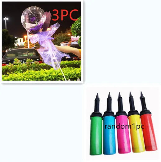 Transparent LED luminous balloon bouquet with artificial rose and glowing light inside, displayed as a DIY kit.