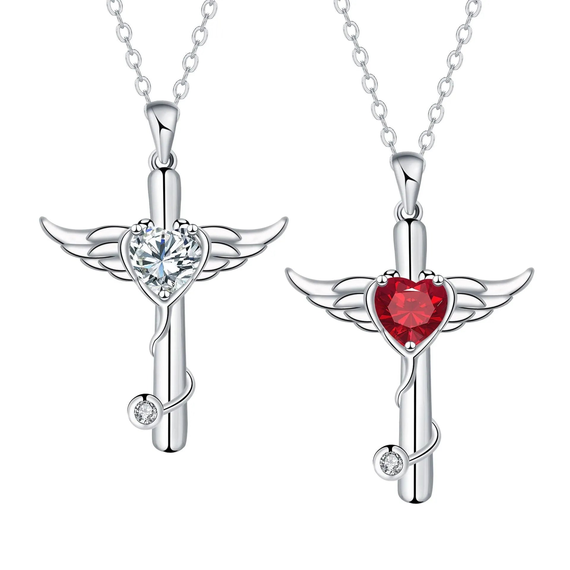 Copper cross stethoscope necklace with wings pendant in white diamond or red diamond electroplated finish