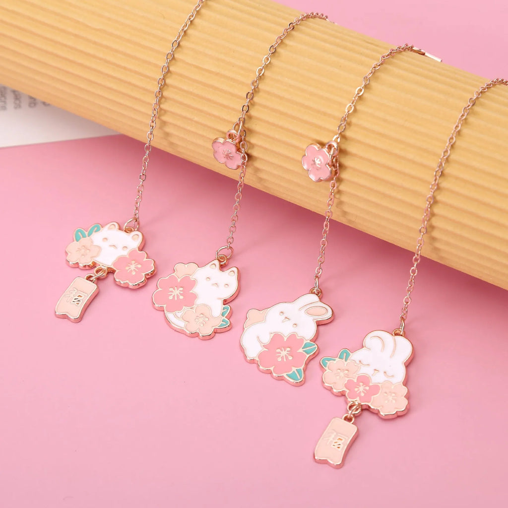 Metal pendant bookmark with cherry blossom cat and rabbit cartoon designs for books and journals