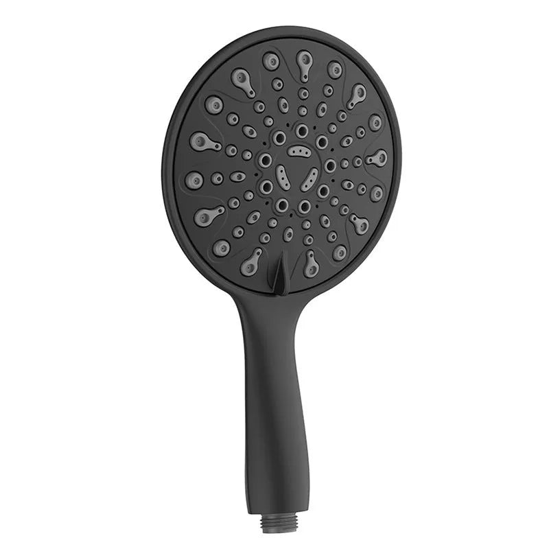 Silver electroplated handheld shower head with six functions including massage and rain settings.
