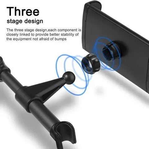 Black car headrest-mounted phone and tablet holder with universal snap-in silicone cradle.