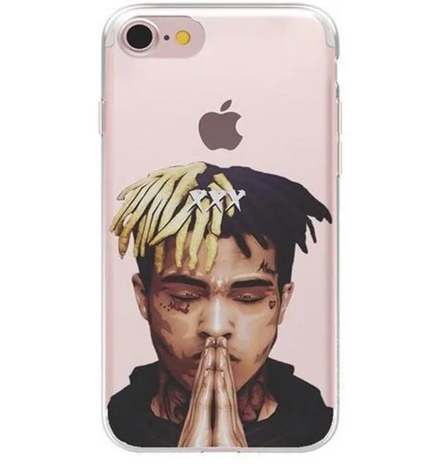 Half-wrapped transparent iPhone case with XXTentacion artwork design showing matte finish texture