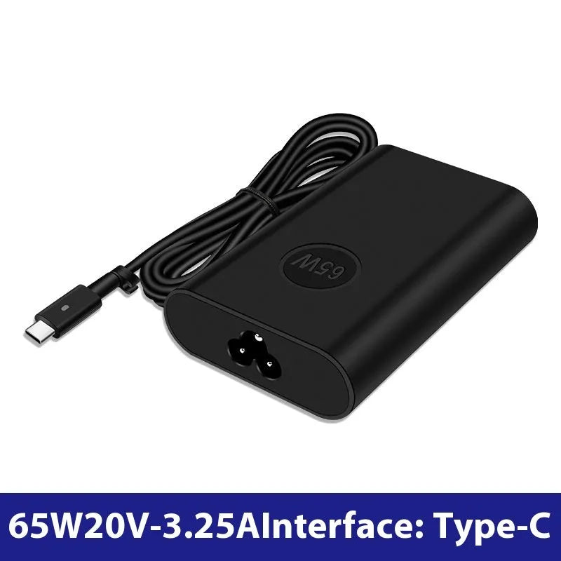 Black 65W Type-C laptop power adapter with multiple international power cords