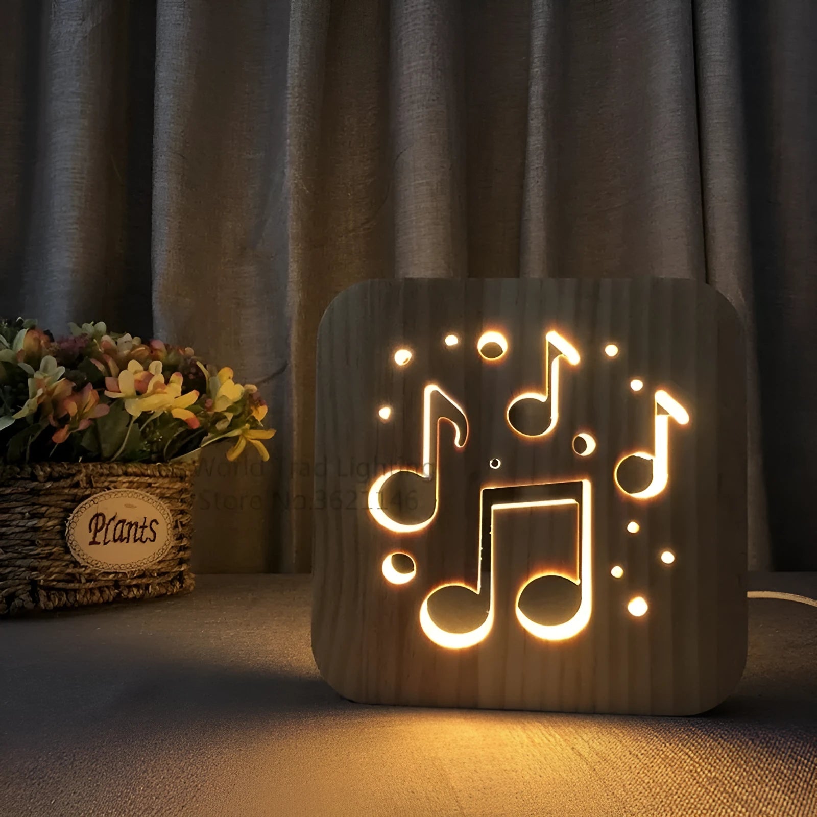 Pine wood USB LED atmosphere light emitting warm white glow with dimensions 19x19x3cm
