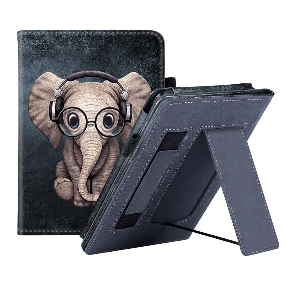 Kindle Paperwhite 5 leather case showing hand strap bracket and magnetic closure in a choice of colours and designs.