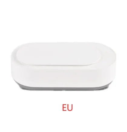 White portable ultrasonic cleaning machine with a stainless steel tank for jewellery and glasses.