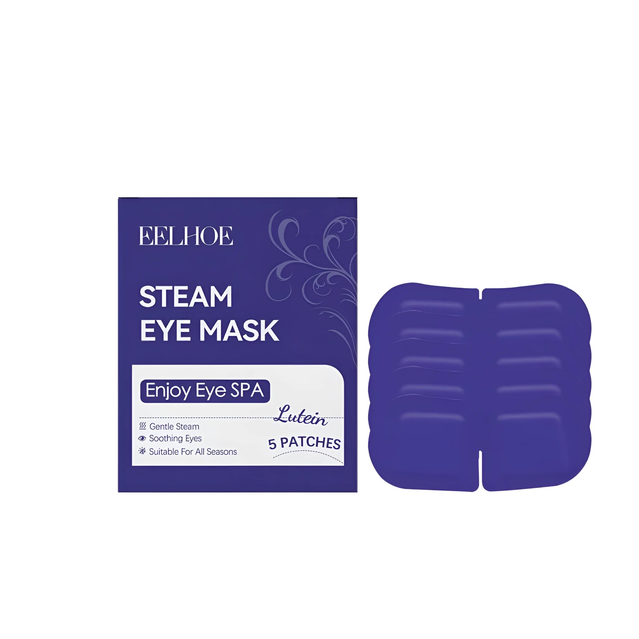 Pack of five disposable lutein steam heat eye masks for relaxation.