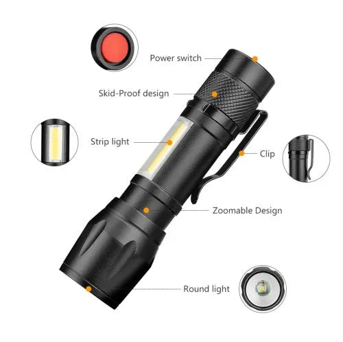 Black aluminium telescopic LED flashlight with pocket clip, shown zoomed in and out.