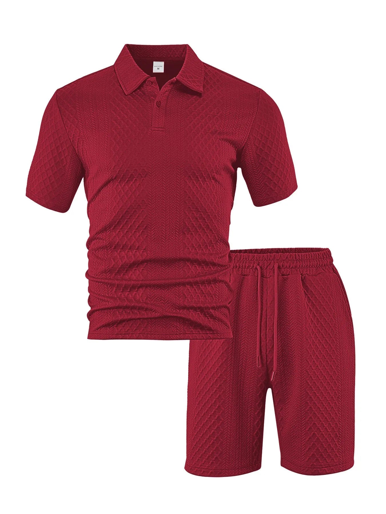 Men's casual short sleeve polo suit with matching trousers in polyester figure cloth, showing colour options.