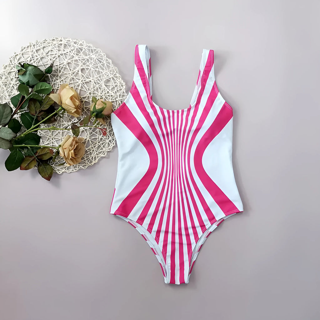 Women's pink striped one-piece swimsuit with digital print on front and back.
