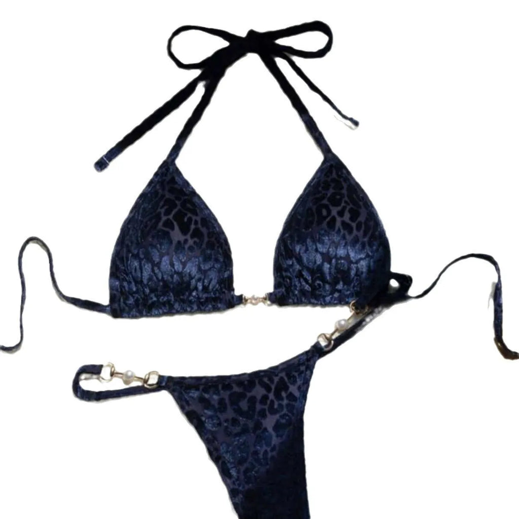 Women's blue leopard print T-shaped polyester bikini set for swimming