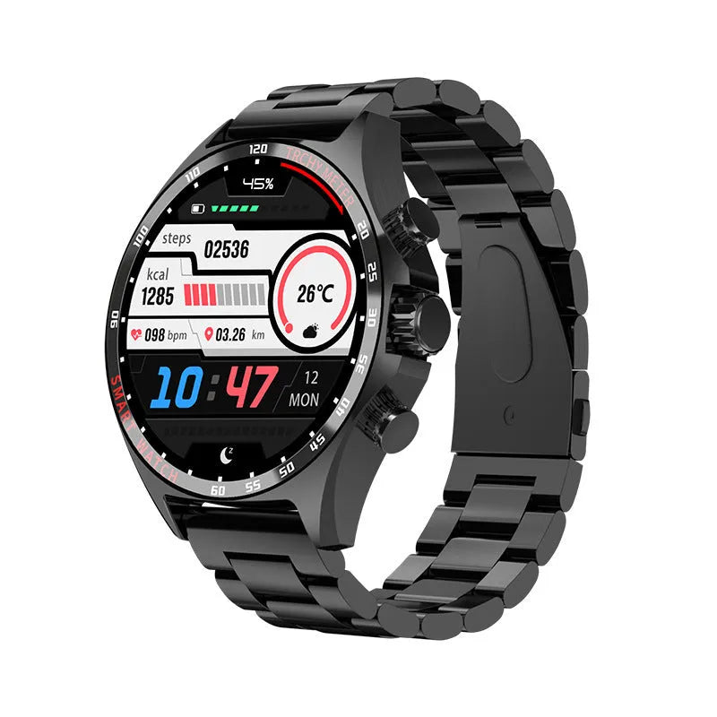 Smart watch with health monitoring display showing heart rate and activity data