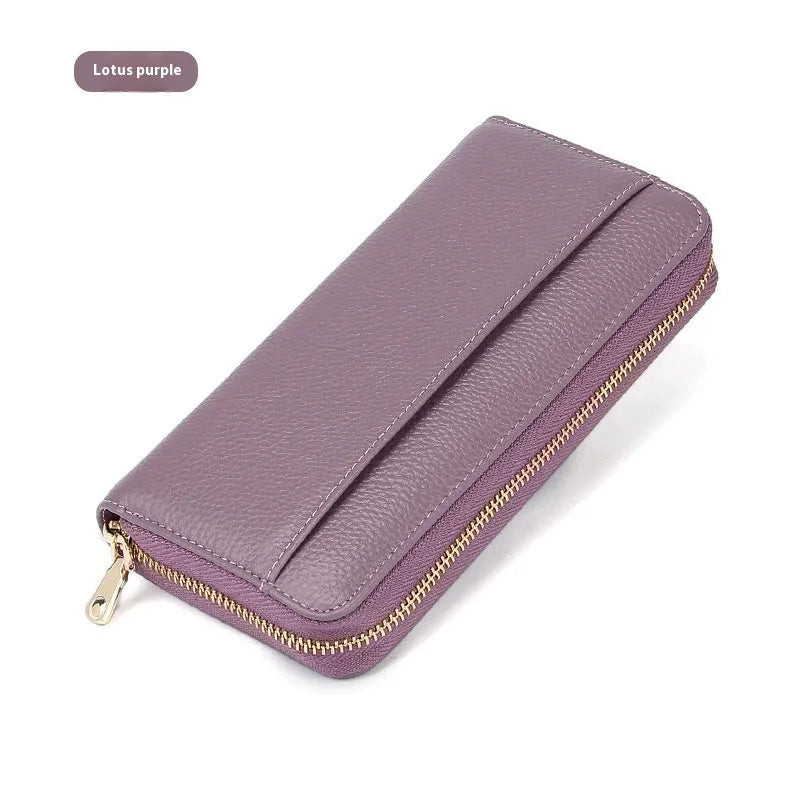 Genuine leather women's wallet showing interior compartments and anti-theft card swiping feature