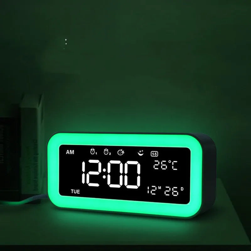 Rectangular LED digital alarm clock with multicolour ambient lighting and quartz glass display in blue colour