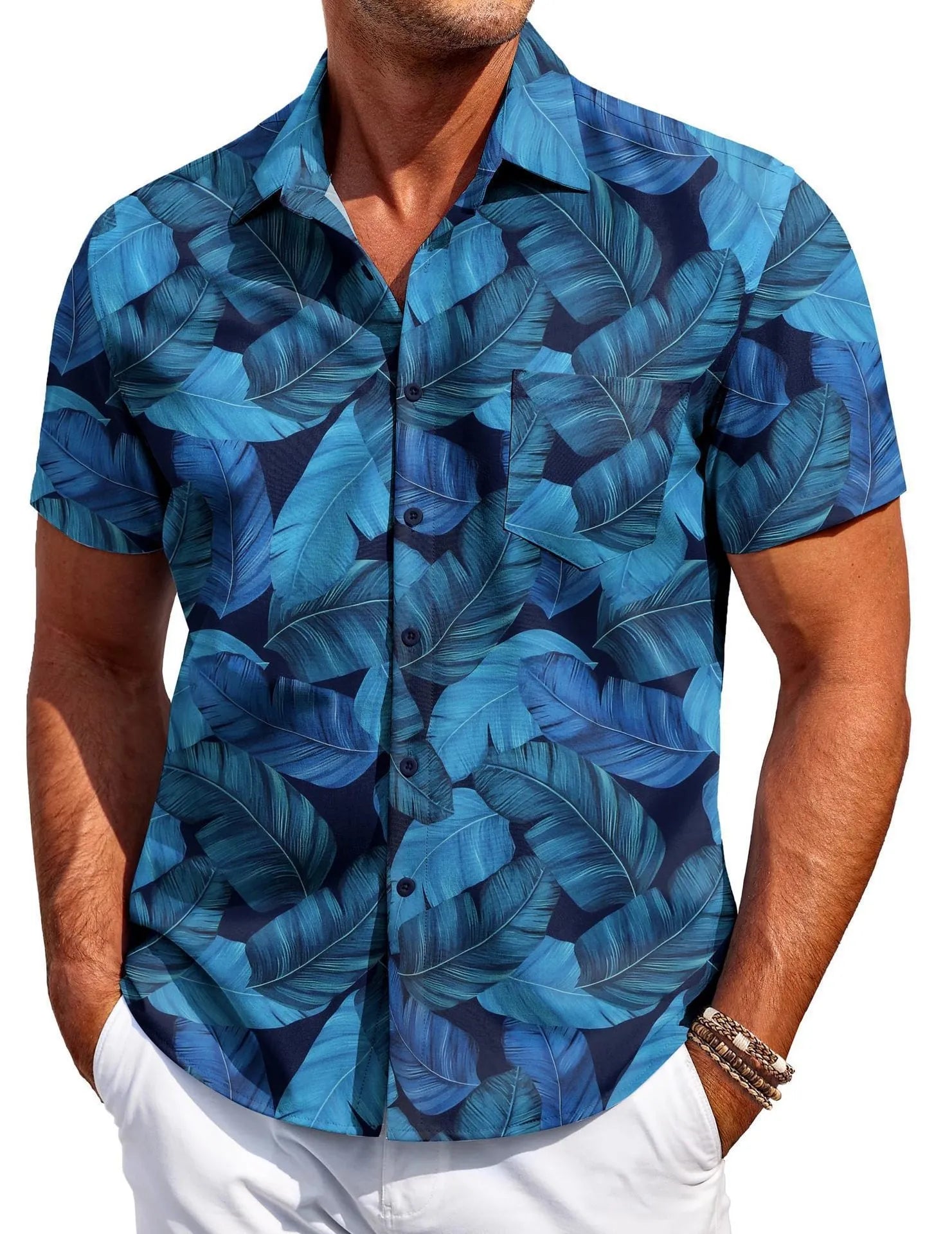 Men's slim fit Hawaiian short sleeve shirt with digital printing on elastic polyester fabric