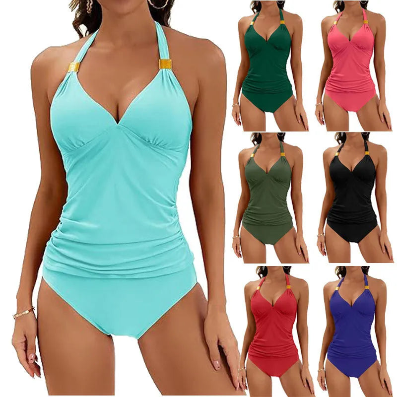 Women's red halter tie two piece swimsuit with briefs on a mannequin.
