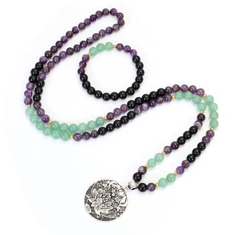 Yoga lotus pendant necklace with matching bracelet, handmade stone beads, geometric design, adjustable length