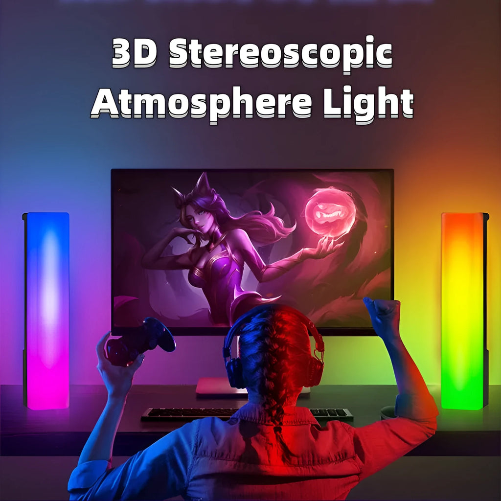 3D RGB tabletop lamp with voice-activated rhythm lighting in black or white shell, 5.2x4.5x24.5cm dimensions