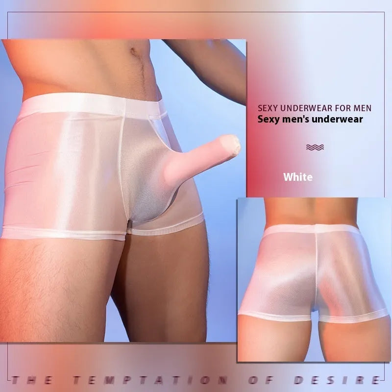 Men's red elephant nose boxer shorts made from thin nylon fabric, showing mid-waist and seamless design.