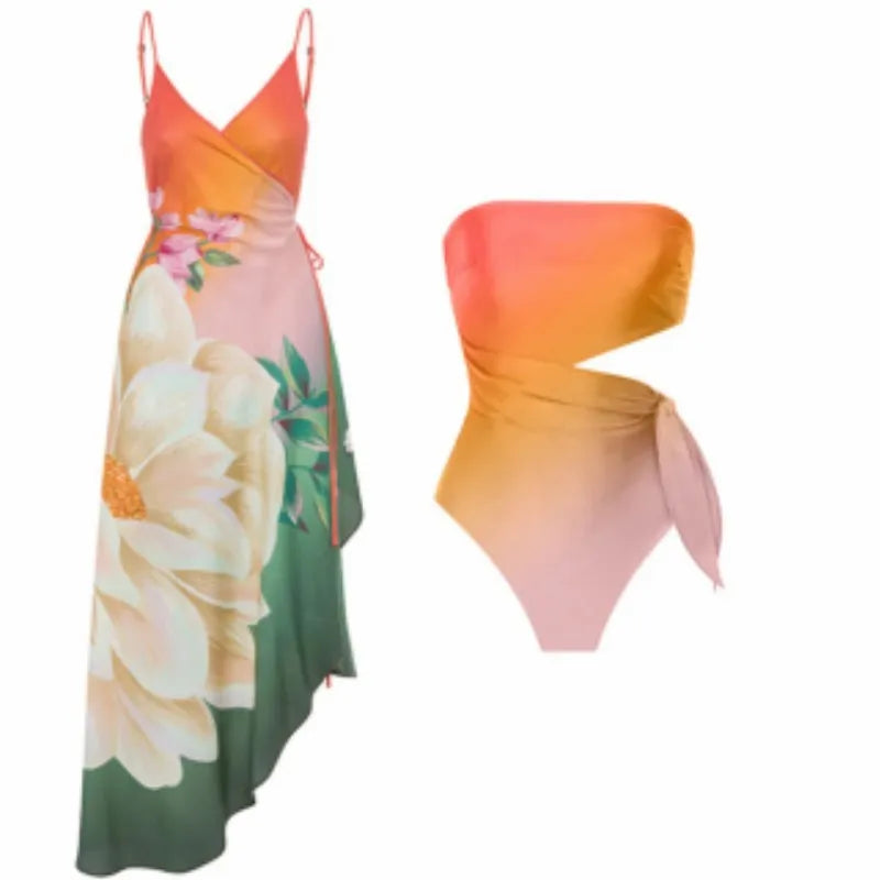 Women's retro printed one-piece swimsuit in quick-dry polyester fabric.