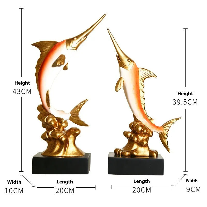 European style decorative resin swordfish ornament in Ocean Green, Lake Blue, Coral Red or Bright Gold.