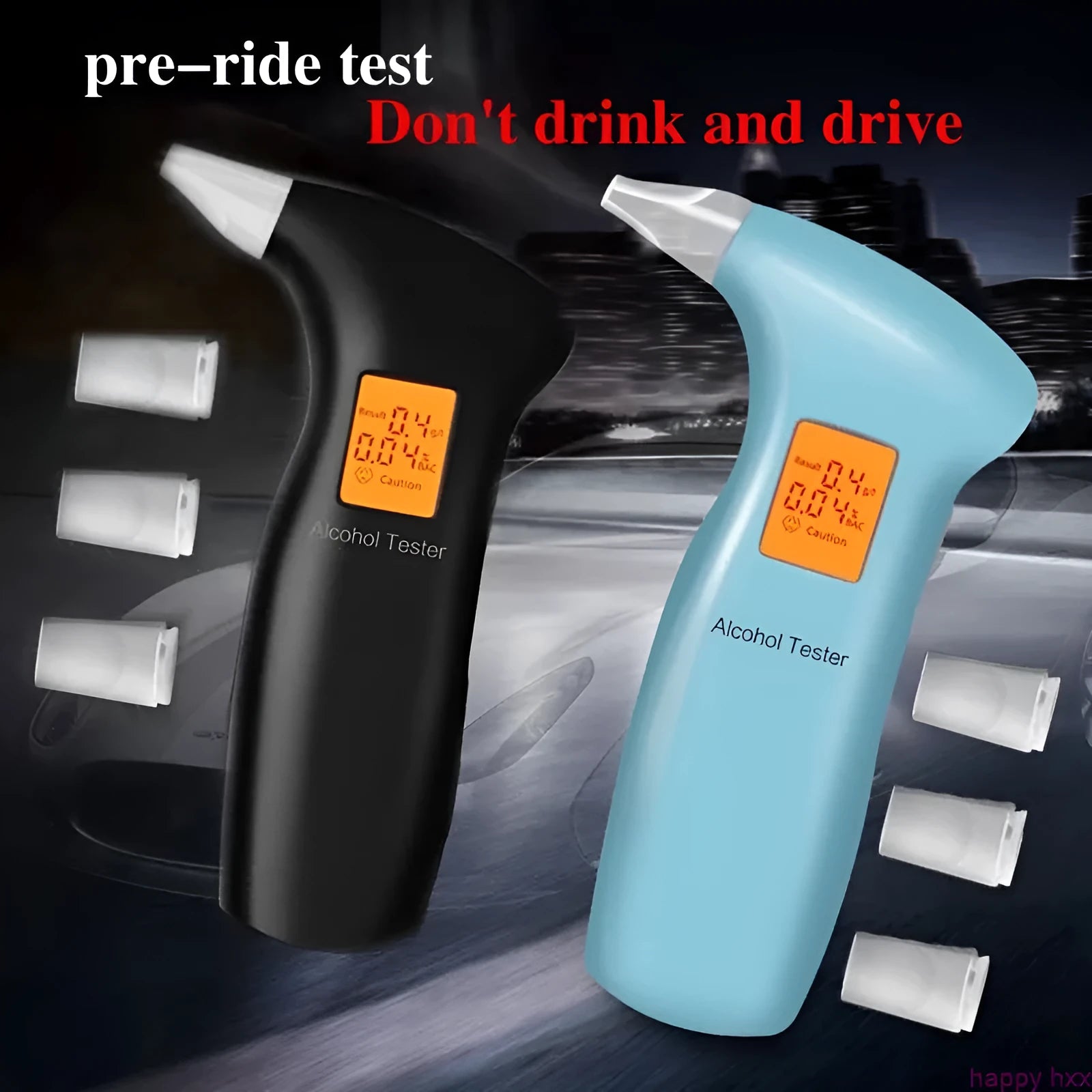 Portable orange light breath alcohol tester with four replaceable mouthpieces in box