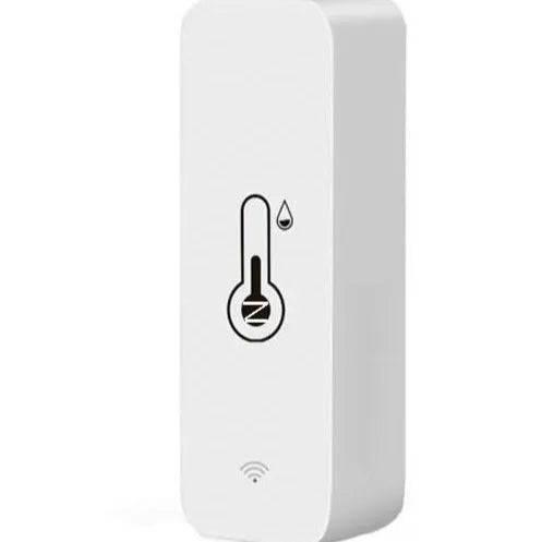 White WiFi and Zigbee smart temperature and humidity sensor on a table