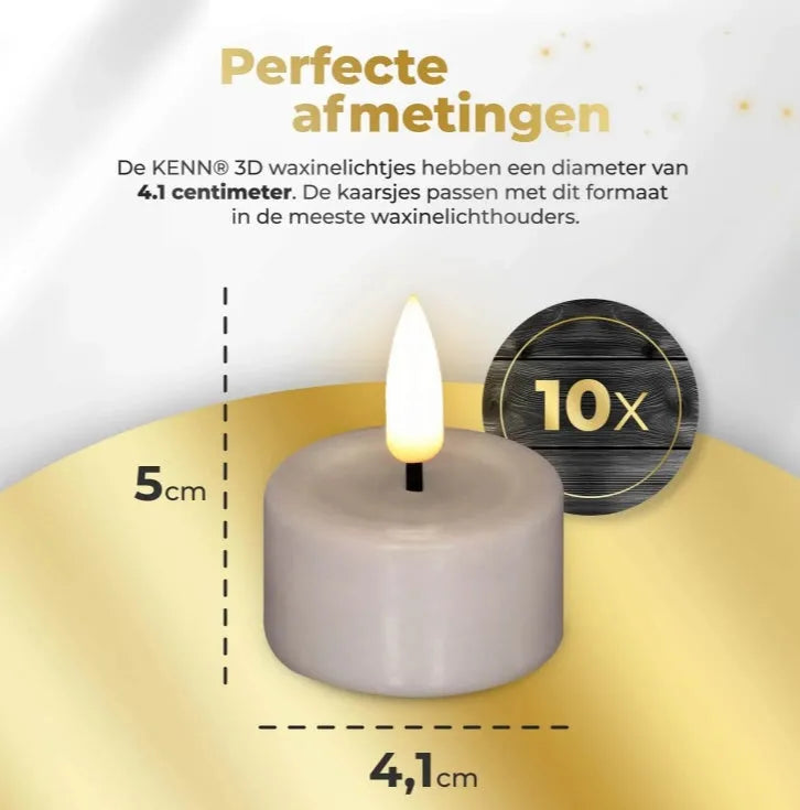 Four taupe-coloured S10 3D flame LED tealight candles showing flickering glow.