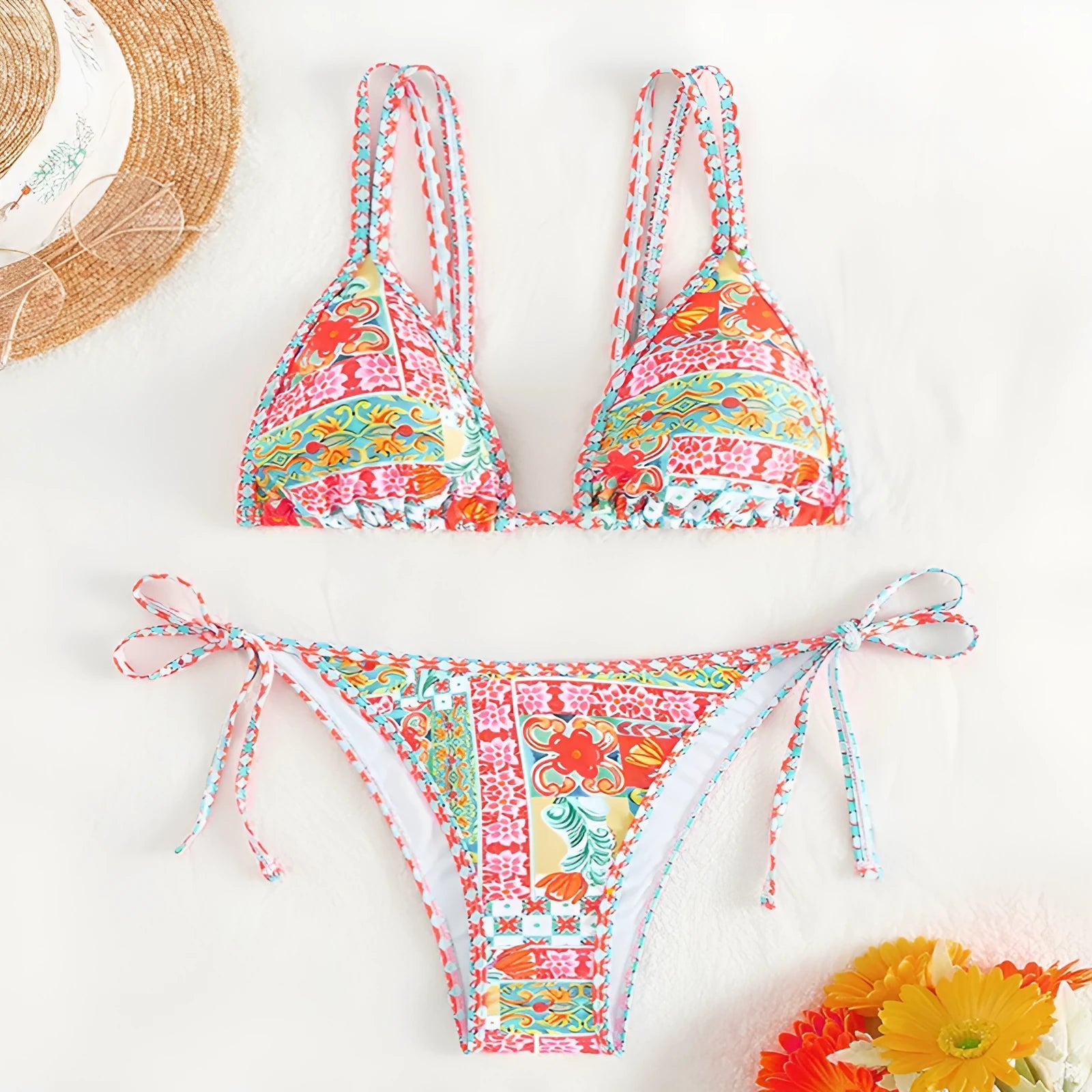 Women's lace-up split swimsuit with adjustable tie sides in polyester spandex fabric