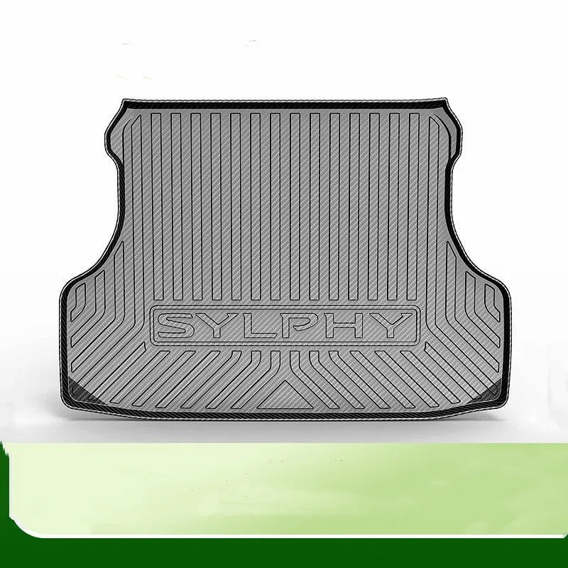 Black TPE car boot liner with carbon fibre pattern texture.