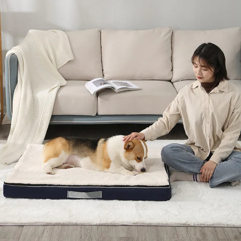 Removable washable memory sponge dog mat in khaki colour, showing thick sponge construction and rectangular shape.