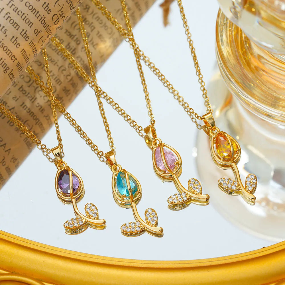 Zircon tulip necklace with flower pendant on adjustable titanium steel chain in gold colour