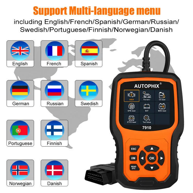 Autophix 7910 BMW diagnostic scanner with OBD2 connector for vehicle fault code reading