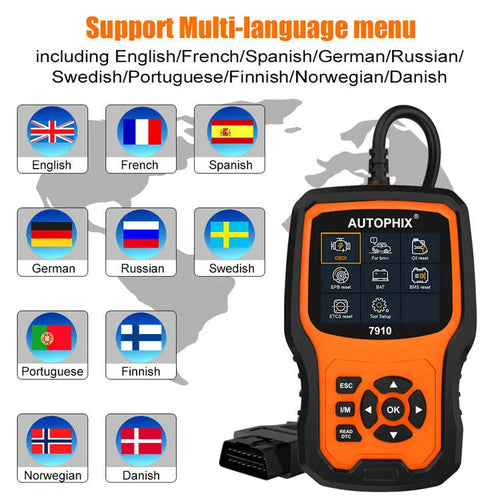 Autophix 7910 BMW diagnostic scanner with OBD2 connector for vehicle fault code reading