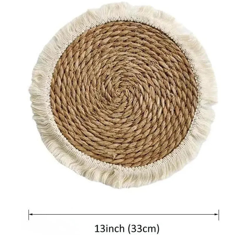 Round natural papyrus placemat with tassels in modern simplicity design