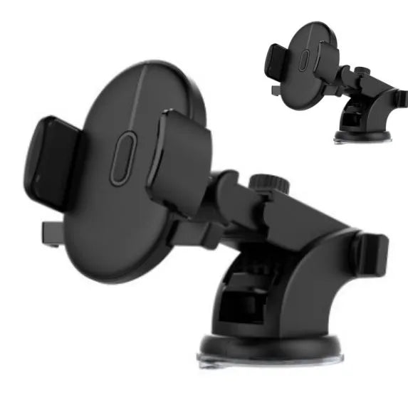 Yellow and black telescopic car phone holder with extendable arm and suction cup mount on dashboard