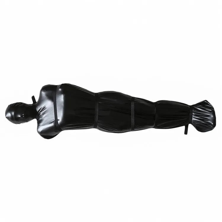 Black patent leather bondage set with body wrap garment and six ratchet tie-down straps
