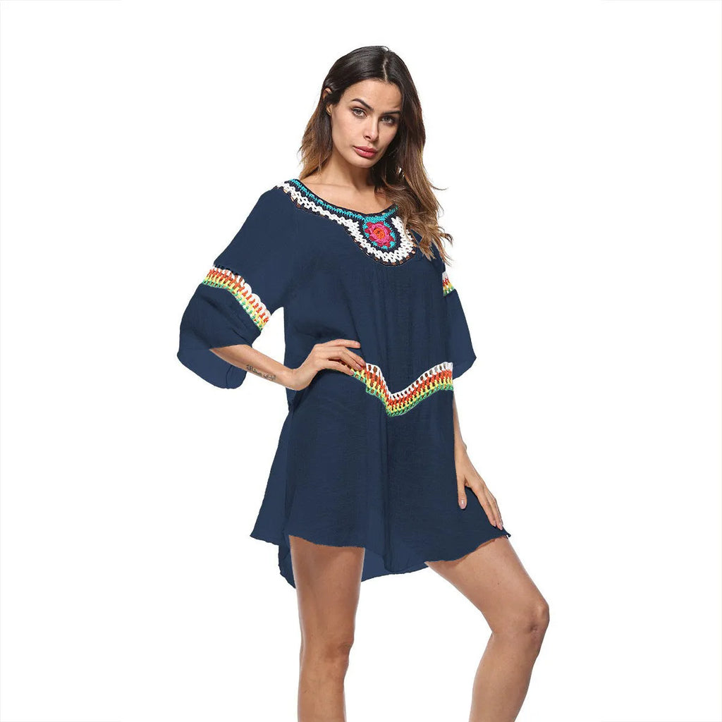 Women's crocheted ethnic style sun protection clothing cover-up in apricot colour.