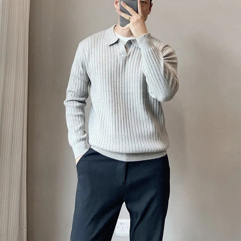 Boys loose elastic knitted sweater in modal fabric with stripe lapel detail
