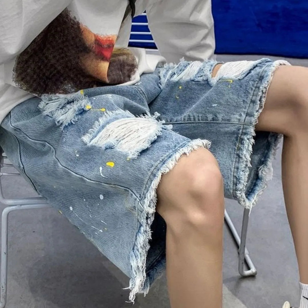 Men's casual water-washed denim shorts with distressed holes in black or light blue