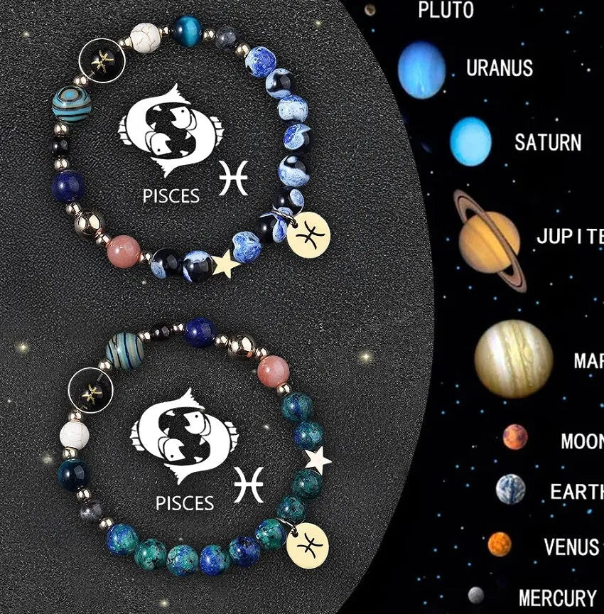 Zodiac sign bracelet with natural stone beads on elastic cord, adjustable astrology jewellery