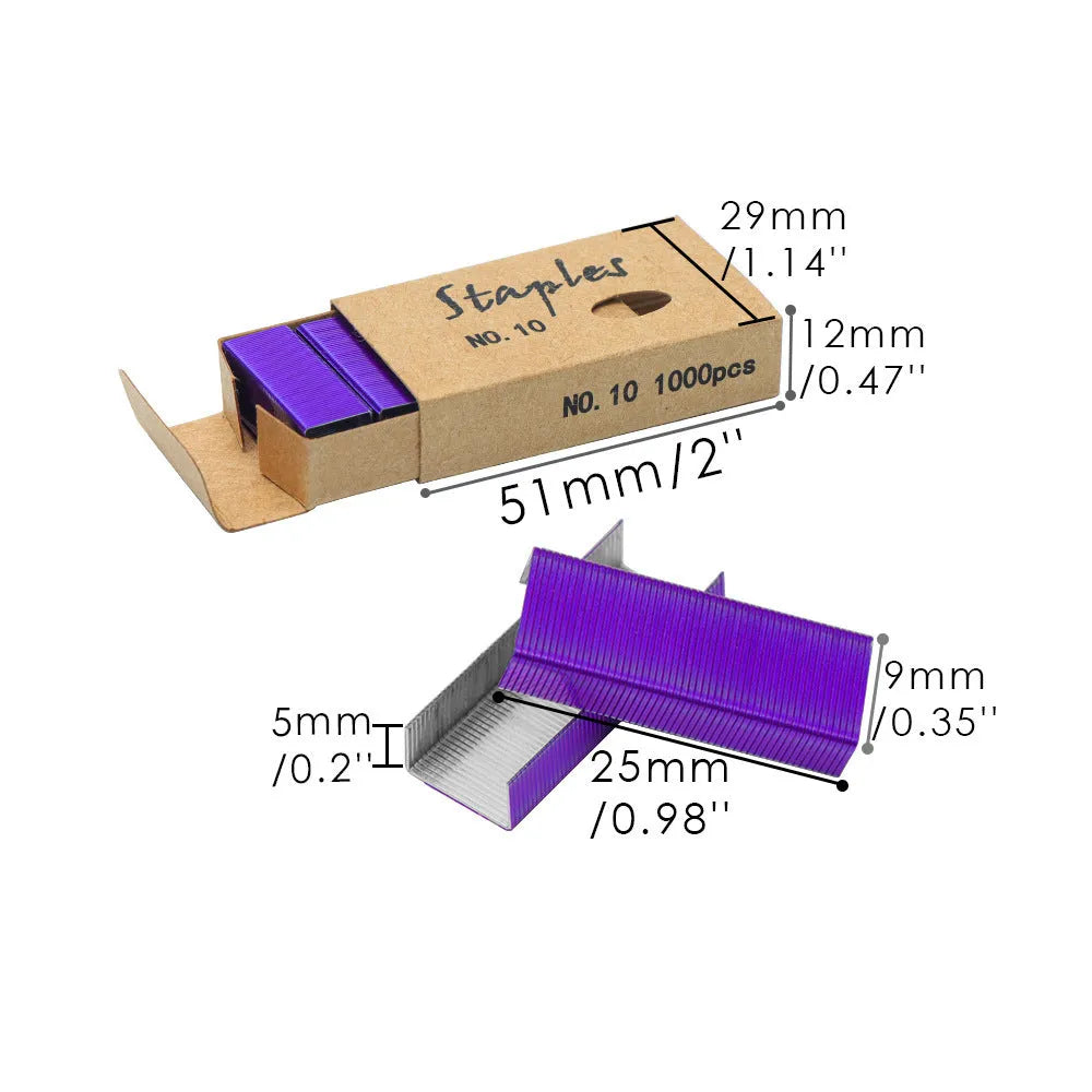 Box of 1000 metal stapling needles in rose gold, black, purple, and rose red colour options.