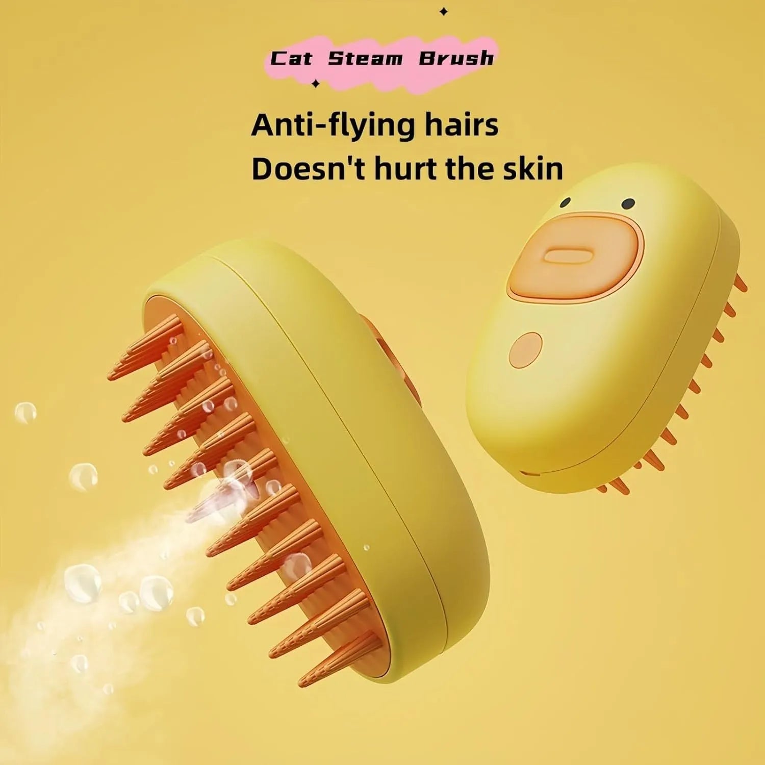 White or yellow rechargeable pet steam brush with water tank and rubber comb teeth