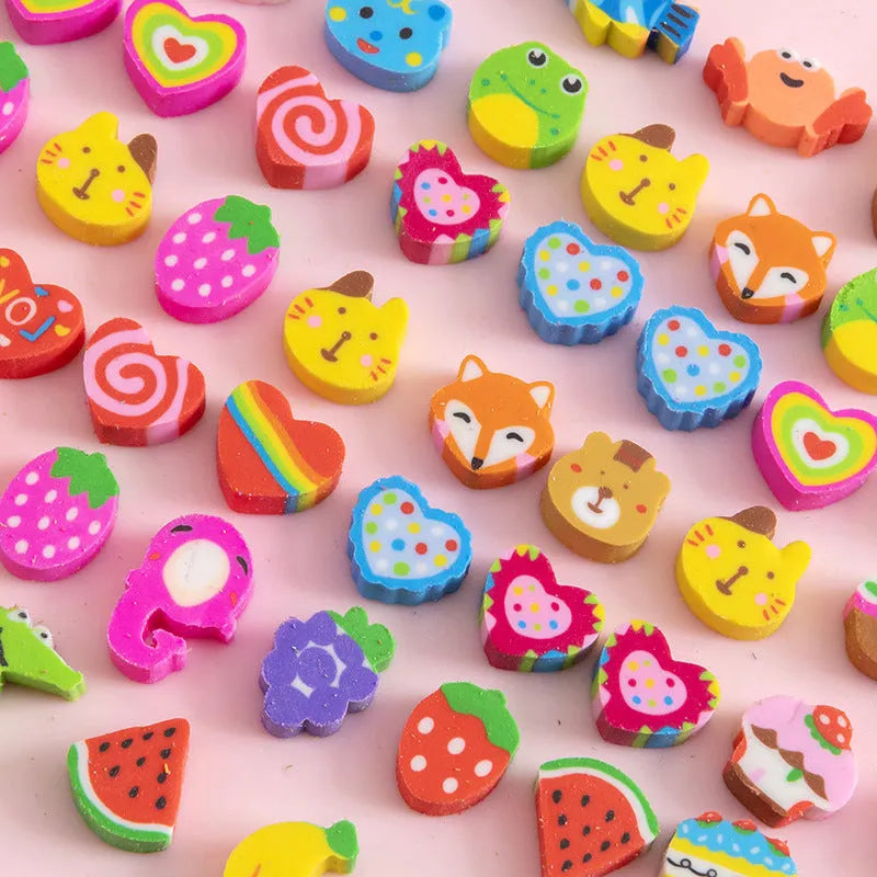 50 colourful cartoon mini erasers in pearlescent bags showing fruit, animal, and holiday designs